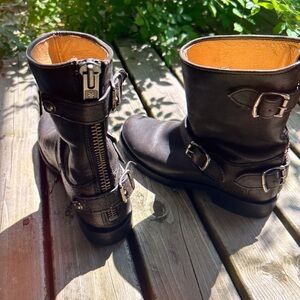Frye Dark Brown Distressed Buckle Boots